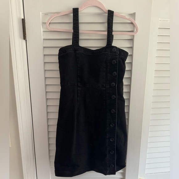 Ten Sixty Sherman Side Button Square Neck Black Denim Mini Dress - Picture 3 of 7